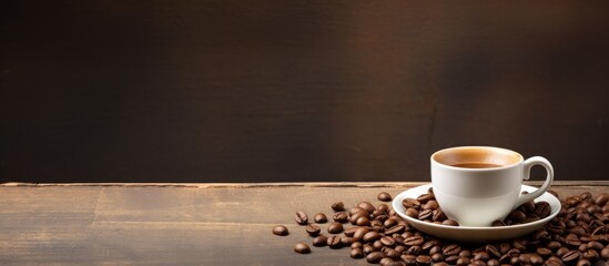 Obraz premium The table displays a coffee cup and coffee beans leaving an empty space for additional images
