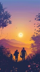A captivating vector illustration of friends embarking on a nature walk during sunrise, highlighting the beauty of the landscape and the spirit of adventure.