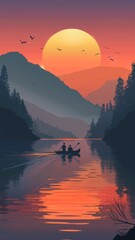 A stunning vector illustration of friends starting a nature walk at sunrise, capturing the essence of adventure and the natural beauty of the landscape.