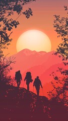 A beautiful vector illustration depicting friends setting out on a nature walk at sunrise, emphasizing the serene environment and the excitement of exploring the outdoors.