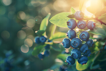 A lush blueberry branch bathed in sunlight, highlighting the freshness and natural beauty of the...