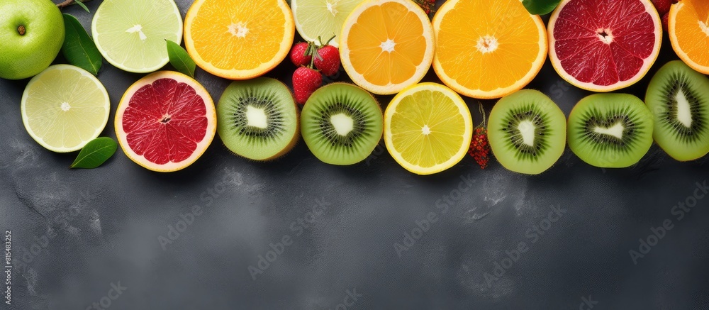 Poster Top view of various colorful slices of fruits including lemon orange kiwi apple and persimmon with handwritten labels placed on a stone surface in the copy space image