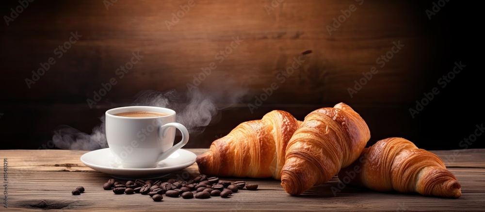 Poster a copy space image of freshly baked croissants and a cup of steaming coffee placed on a rustic woode