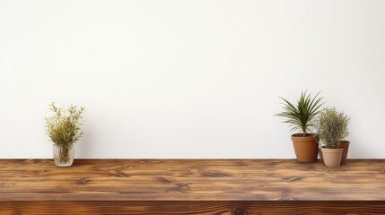 Wooden table over plain wall background