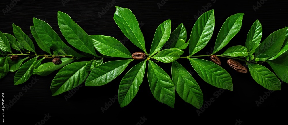 Poster top down view of a pecan nut adorned with verdant leaves set against a white backdrop creating ample