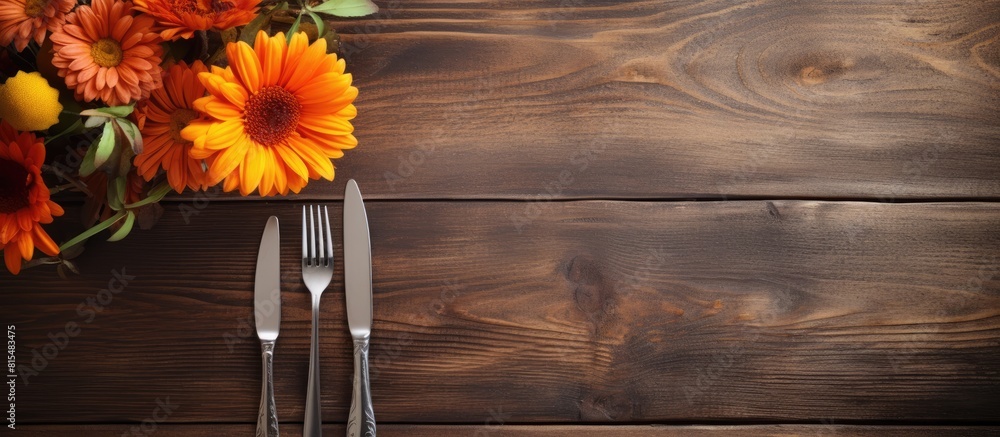 Poster copy space image of a thanksgiving table setting with cutlery on a wooden background evoking the war