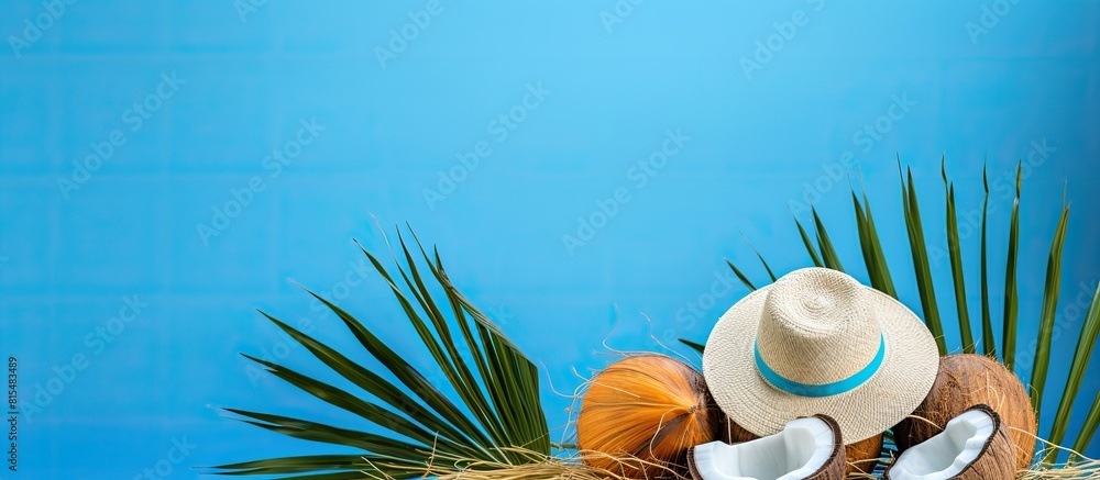 Poster a vibrant summer scene featuring a copy space image with coconuts a beach hat and real tropical leav