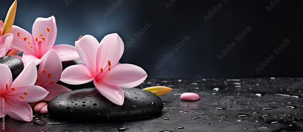 Poster a side composition of elegant pink spa flowers placed on top of spa hot stones with a wet background
