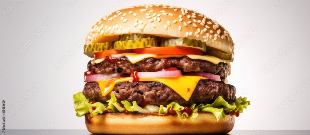 Poster Close up of a mouthwatering beef cheeseburger topped with melted cheese isolated on a white background creating a perfect copy space image