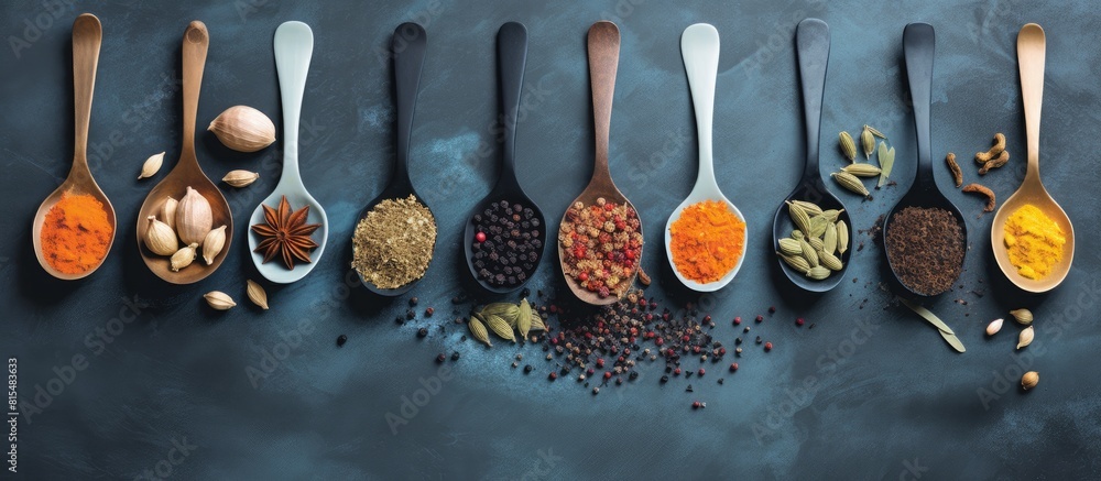 Aufkleber Top view of a collection of Asian spices arranged on spoons placed on a light blue slate stone or concrete backdrop with a blank area for additional content or text