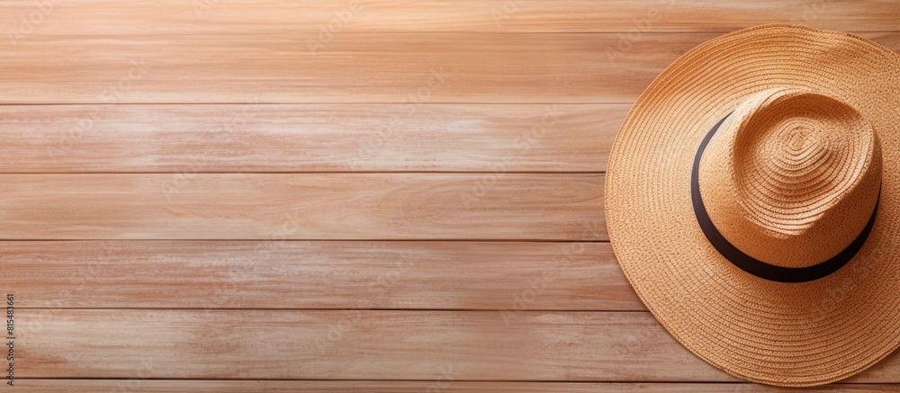 Poster wooden background with a beach hat providing copy space in the image