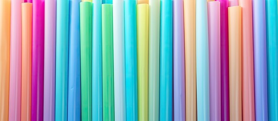 Abstract rainbow colored pattern texture of pastel straws on a colorful straw art background Perfect for use as a copy space image 152 characters