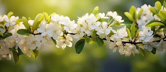 Apple tree s white spring flowers with a floral background create a mesmerizing copy space image