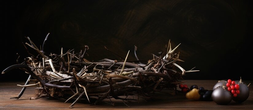 Close up copy space image of Easter attributes including a crown of thorns and a hammer resting on a wooden table