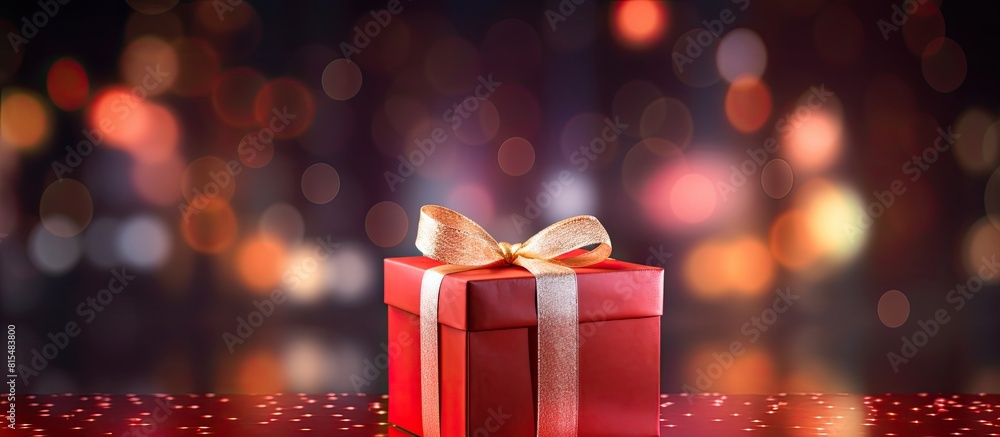 Poster A small gift box with a red ribbon placed against a neon abstract background with copy space image