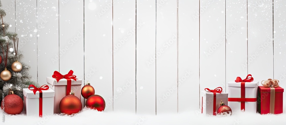 Poster A festive Christmas scene with red gift boxes decorations and a white wooden background The flat layout is creatively composed offering a top down view with a border and space for additional images o