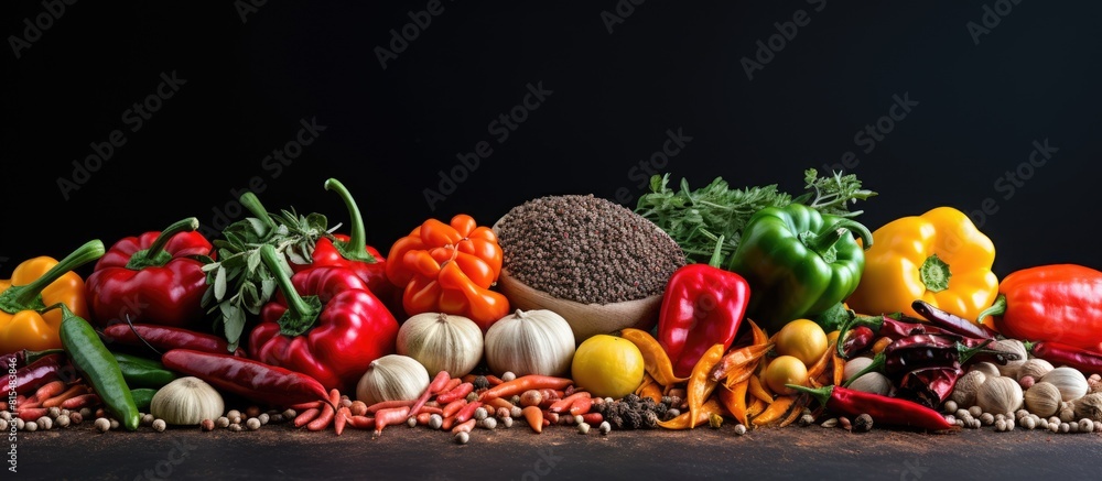 Poster Gray background image with assorted pepper types and blank space for text. Creative banner. Copyspace image