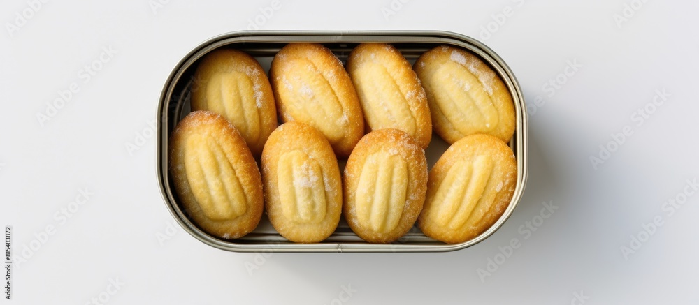 Poster A top down photograph of a tin can filled with Danish butter cookies captured on a light textured backdrop featuring a copy space image