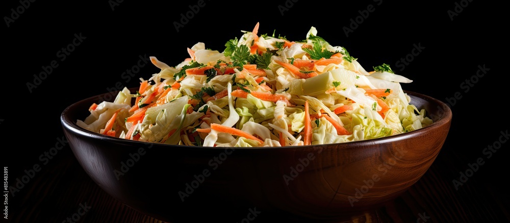 Poster A copy space image shows coleslaw placed on a black background highlighting its details and textures