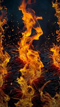 Fire flames and sparks in super slow motion isolated on black. Burning background. Fire flame on black. Glowing yellow sparks flying up relaxing motion at night isolated on dark.