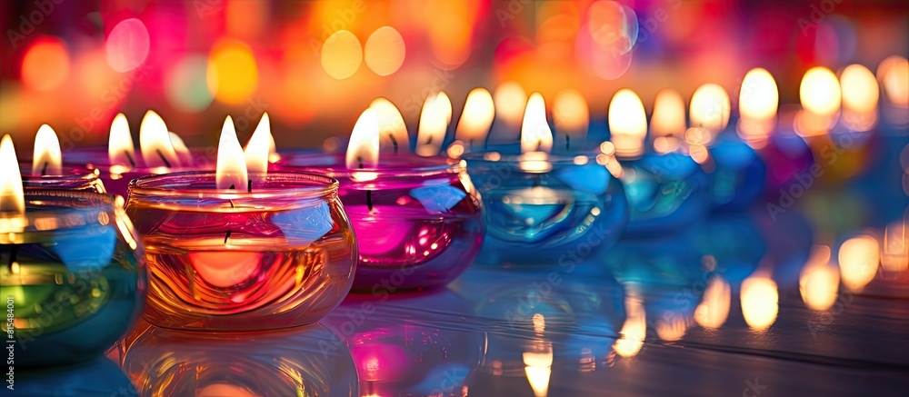 Aufkleber an interior decoration close up displaying colorful abstract decorative candles with copy space imag