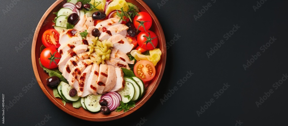 Aufkleber low carb dietary food of mozzarella cheese olives chicken cucumber and tomatoes in a vegetable and m