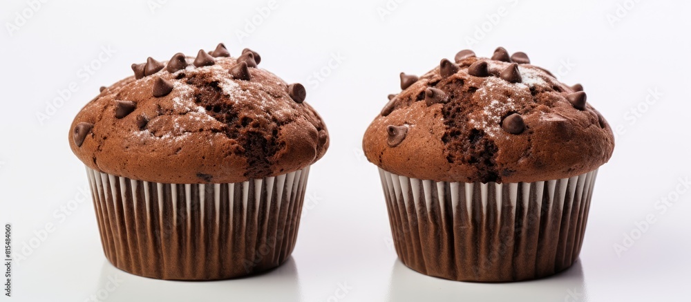 Aufkleber There are two chocolate muffins placed on a plain white surface The image is focused closely and there is empty space available for adding text. Creative banner. Copyspace image