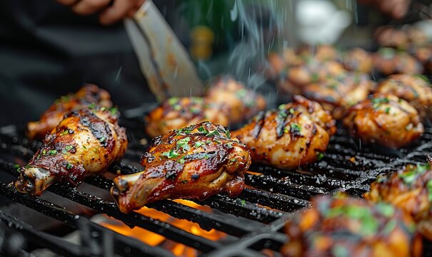 team of cooks grilling jerk chicken drumsticks