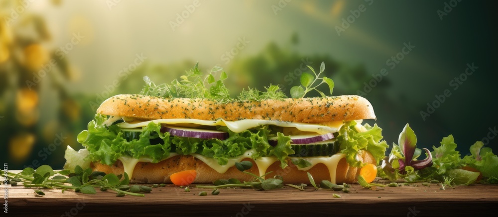 Poster An appetizing sandwich featuring a combination of cheese herbs and the perfect spot for adding your own text. Creative banner. Copyspace image