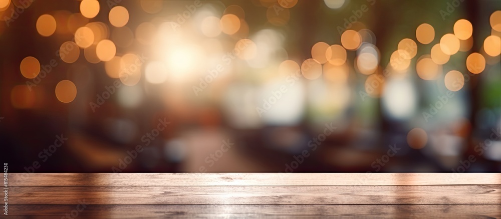 Poster coffee shop blur background with bokeh and an empty wooden table providing copy space for images