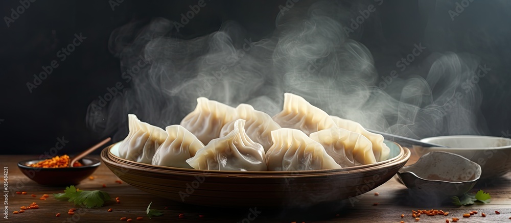 Poster traditional chinese dim sum dumplings served on a white plate with an asian aesthetic the compositio