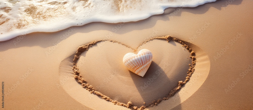 Poster a heart shape drawn in the sand with a wave s curved line white shells and natural lighting copy spa