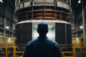 Engineer examines tower of large industrial building to control system