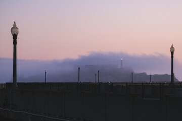 Morning sunrise dawn above San Francisco Bay with panoramic scenic views of coast, Alcatraz,...