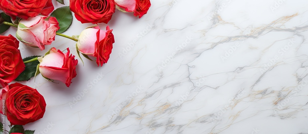 Poster Top view of white and red soap roses resting on a sleek marble backdrop with ample copy space image for text placement
