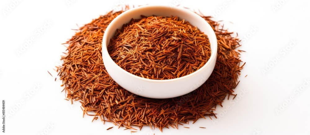 Poster High resolution close up top view copy space image of Rooibos tea on a white background