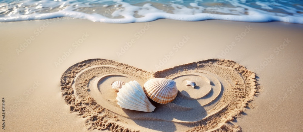 Poster a heart shape drawn in the sand with a wave s curved line white shells and natural lighting copy spa