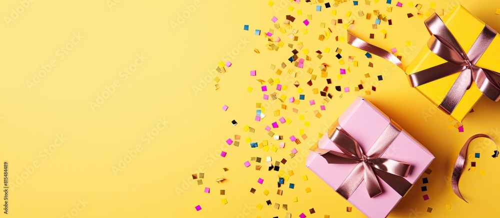 Fototapete top view of a yellow background adorned with confetti and a pink gift box space is available for tex