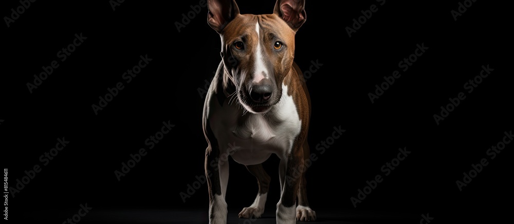 Poster black studio background showcasing a bull terrier type dog leaving ample copy space in the image
