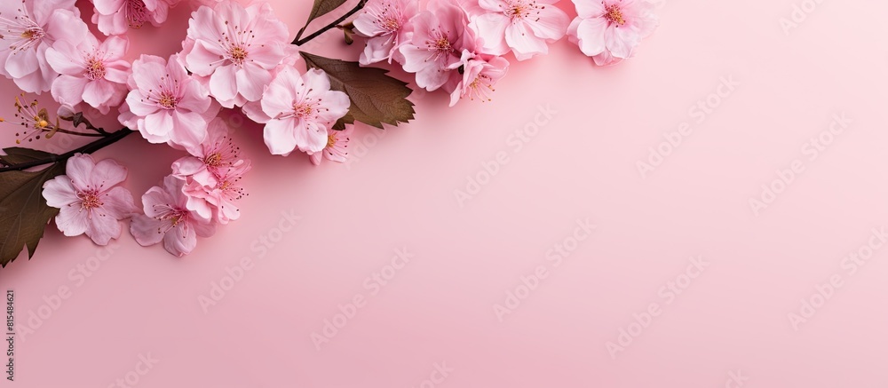 Poster on a pink paper background there is a lovely arrangement of pink flowers creating a beautiful and ha