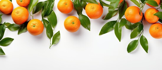 A top down photograph captures a pristine white table adorned with vibrant tangerines in various forms whole sliced and accompanied by their beautiful leaves Ample empty space is available for additi