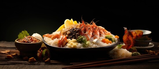 Delicious Chinese seafood mixed with sticky rice showcased in a captivating copy space image