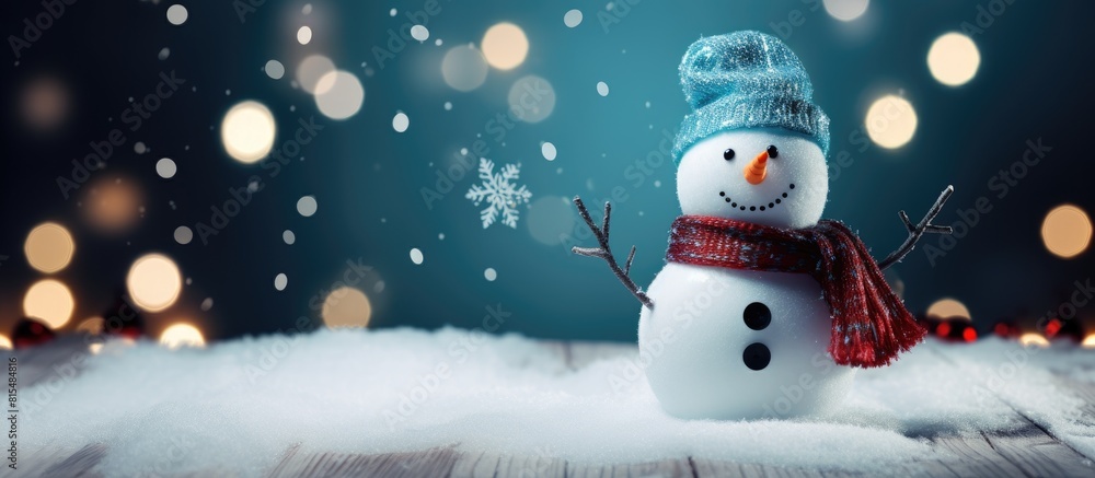 Poster snowman on a christmas and new year holiday background with ample copy space for images