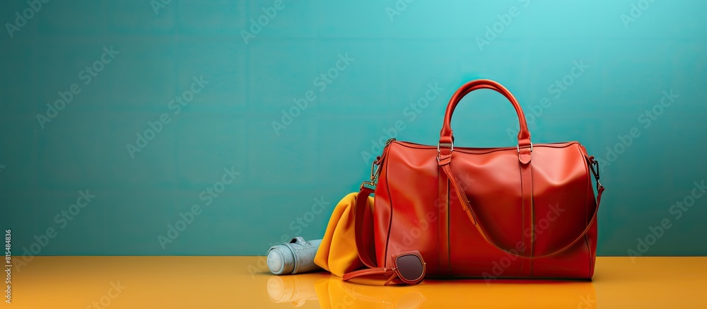Poster a travel bag with accessories is showcased on a vibrant color background in this copy space image