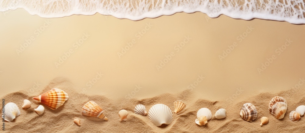 Poster A beautiful card featuring a close up view from above of seashells on the sand creating a visually captivating image with copy space