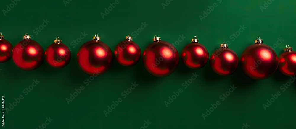 Poster A festive Christmas pattern showcases shiny red and green baubles on a red background with copy space This minimalistic wintery design represents the new year The top view and flat lay angle enhance