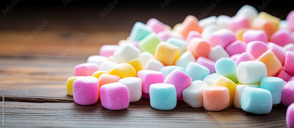 Poster Colorful mini marshmallows with candy are displayed in a closeup shot on a wooden table creating an appealing background or textured surface Ample copy space is available