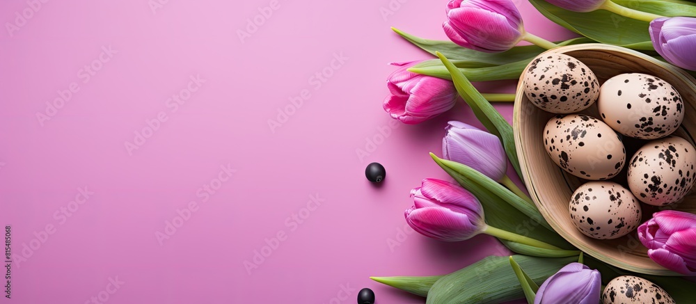 Aufkleber A vibrant Easter scene featuring quail eggs nestled in a nest alongside tulips on a pink background The image is styled as a flat lay creating a spring composition perfect for a cheerful Easter greet