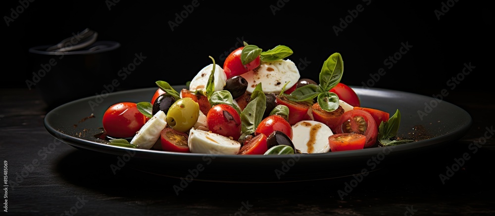 Poster a plate with flavorful olives ripe tomato and a chunk of firm goat cheese positioned from the top th