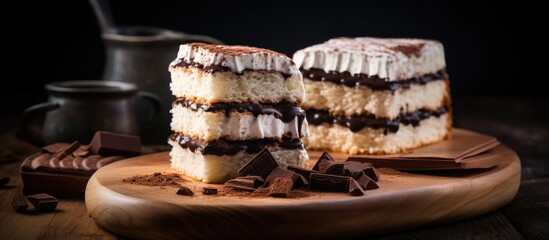 A copy space image featuring layers of vanilla and chocolate cotton cake slices displayed on a wooden chopping board showcasing their soft and fluffy texture